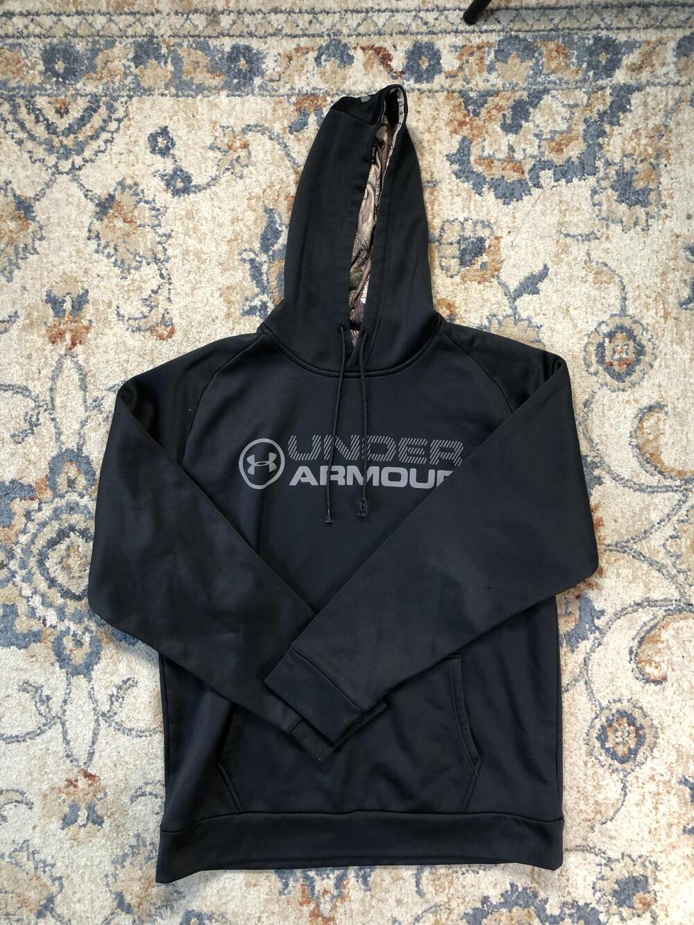 Under Armour Hoodie Sweatshirt Mens Large Black ColdGear Camo Hood Fleece Logo
